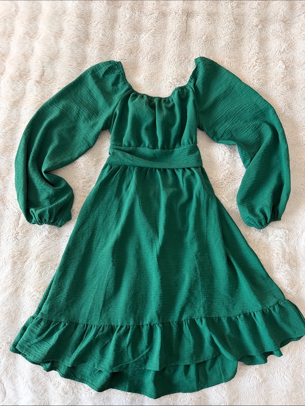 Girls Green Long Sleeve Ruffle Hem Dress